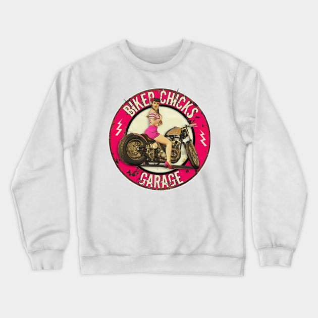 Biker Chicks Garage - Sexy Woman on Motorcycle Crewneck Sweatshirt by Wilcox PhotoArt